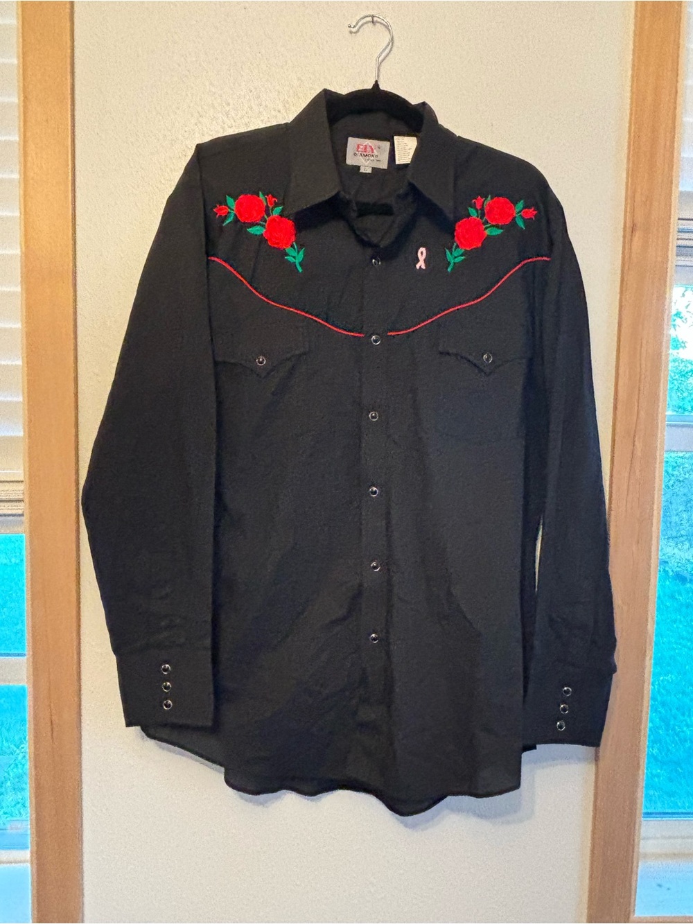 Ely Diamond Vintage Men's Black Western Shirt with Red Rose Embroidery L
0052S